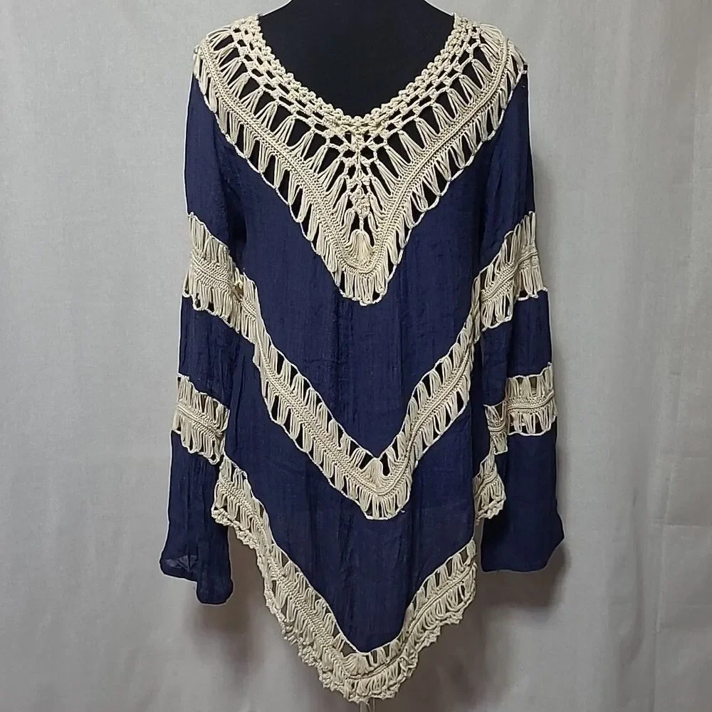 Umgee Navy Blue Beige Crochet Top Size L Boho Hippie Summer Beach Top Cover Up